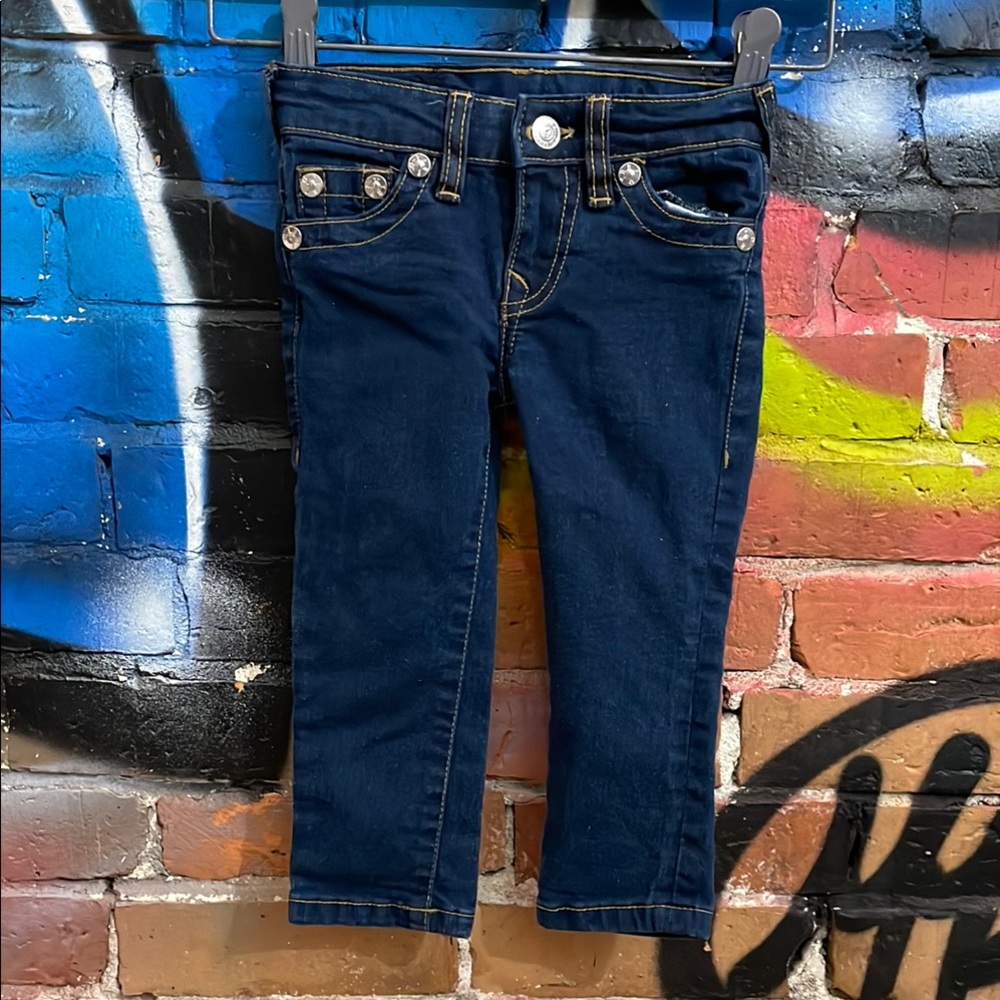 TRUE RELIGION-baby’s dark wash cotton blend denim ‘GENO Relaxed Slim’ leg jeans